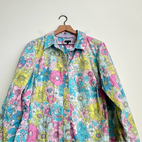 Talbots Plus 1X CLASSIC COTTON SHIRT LAYERED FLORAL Button Down Modest Pastel - Picture 3 of 10
